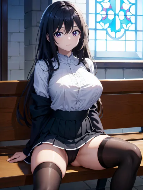 (( top quality )), ( high res), (( very detailed))、(masterpiece)、A beautiful woman who looks like an adult、Im wearing a cute bra and panties、(Im wearing black over-the-knee stockings)、(Im lying on a church bench, open my crotch, and spread my legs)、((Cute ...