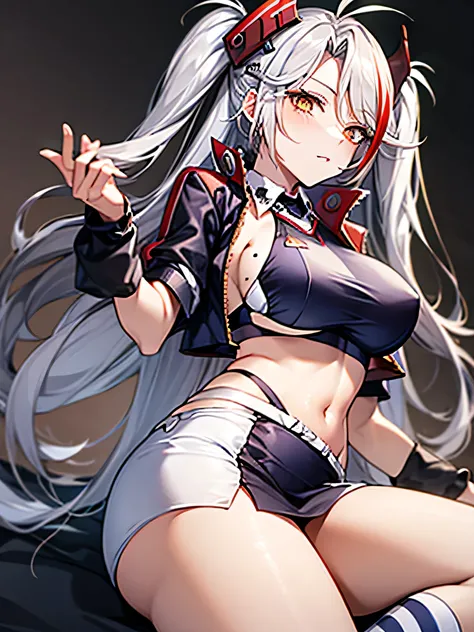 female 1 person、 prinz eugen （ Azur Lane）、Gray Hair、 long hair、 orange eyes、 two side up、 big breasts、mole、胸のmole、 striped hair、 split bangs、 hair like antennae 、 long hair、 two side up、 antenna hair、 headgear 、 race queen、 cropped shirt 、（ underbust cutou...