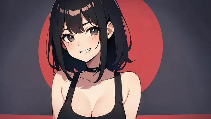 A cute girl with black hair wearing a tank top. Only one person in the illustration. very sexy. Plain background. Bust-up illustration. Expression:Grin smile