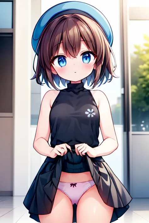 Helga Haruka,  blue eyes,  brown hair,  short hair, Brown hat,  black sweater,  Sleeveless Turtleneck,  check mini skirt , white panties，  1 girl, whole body,  Love Hotel ,lift skirt by self