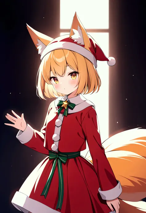 fox girl, short in stature, with short yellow-orange hair, yellow eyes, fox ears and a fox tail. She is dressed in a red Christmas outfit and a red Christmas hat.