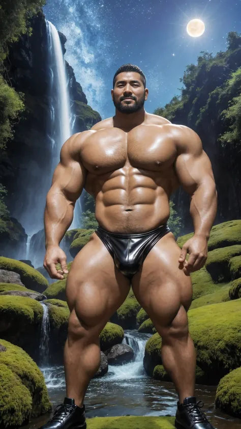 Men from Xinjiang，35 years old，Tall and handsome，Short hair, O-Shaped Beard， perfect body , African skin color， dark skin in the waterfall ， Muscular ， Very Big Chest Muscles， very sexy abs ，腿部 Muscular ，Brightens oily skin， wears black shiny leather thong...