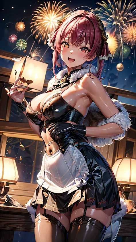 (highest quality)), ((masterpiece)), (familiar), Perfect Face,Shiny skin,Beautiful breasts、Shiny skin、((( Houshou Marine dress、mini skirt、garter、fish net tights、 fur 、)))、oil skin、、Double teeth 、short hair、Big Breasts、Embrace、winter、close、near、(((night)))、...