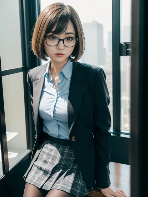 (((1 person)))、(((Alone)))、 An office lady in her 20s poses and takes a picture、( Long Bob Cut )、 sexy、Cheeky、cool、Wearing a light blue shirt、 is thin、 Hands Behind 、Fair skin、 white skin、 head from thigh、Fits perfectly inside the frame、 with little pubic ...