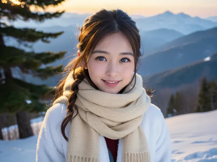 Standing at the edge of a snow-covered hill, she looks out over the vast forest below. The scene is bathed in soft, golden light from the setting sun. Snowflakes shimmer like tiny diamonds, and she hums softly, her voice blending with the serenity of the f...