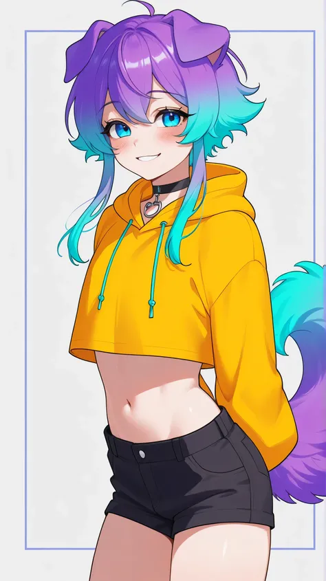 1boy, animal ears, arms behind back, aqua hair, blue eyes, blush, choker, crop top, crop top overhang, dog boy, dog ears, dog tail, eyelashes, femboy, fluffy tail, gradient hair, long sleeves, looking at viewer, midriff, multicolored hair, navel, purple ha...