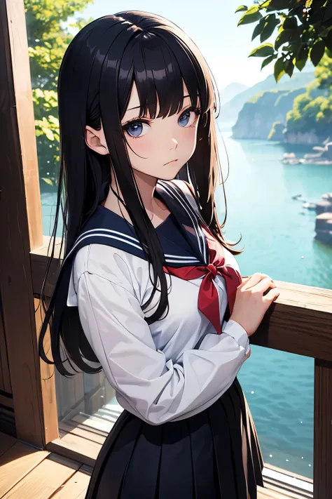 Idol-like woman , long hair , straight hair , round face sailor suit 、uniform、 skirt  , sad face、Beautiful scenery、whole body