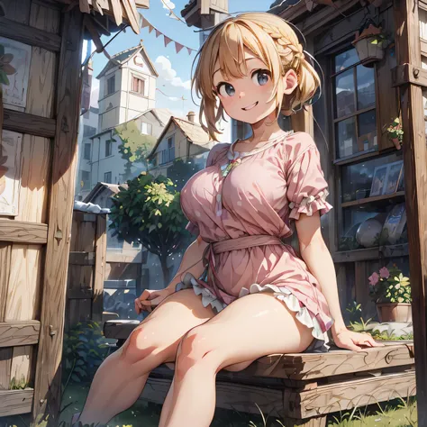 angle ,  (( small 、Art Nouveau, Round face, smile, Myself touching breasts )), Droopy eyes,  blondes,  braided ,whole body、thick beautiful thighs 、Beautiful genitals、 expand your legs、A thick half-inch 、 Sit on a warm private bed、 hands are folded behind t...