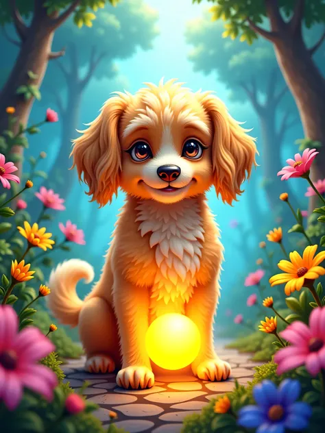 A majestic and whimsical illustration of Scampy, a golden curly-haired dog, standing heroically in a magical garden. The garden is vibrant and surreal, filled with glowing cracks of temporal energy, lush greenery, and colorful flowers blooming in reverse. ...