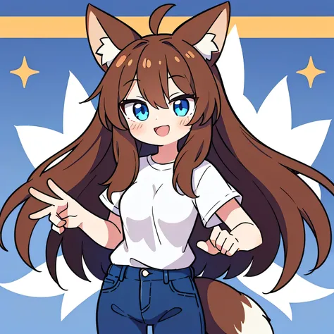   1 girl,   long hair,   blue eyes,  brown hair, ,   animal ears  ,  Fox Ears, 1 fox tail ,  white shirt, jeans, ,A strong smile,