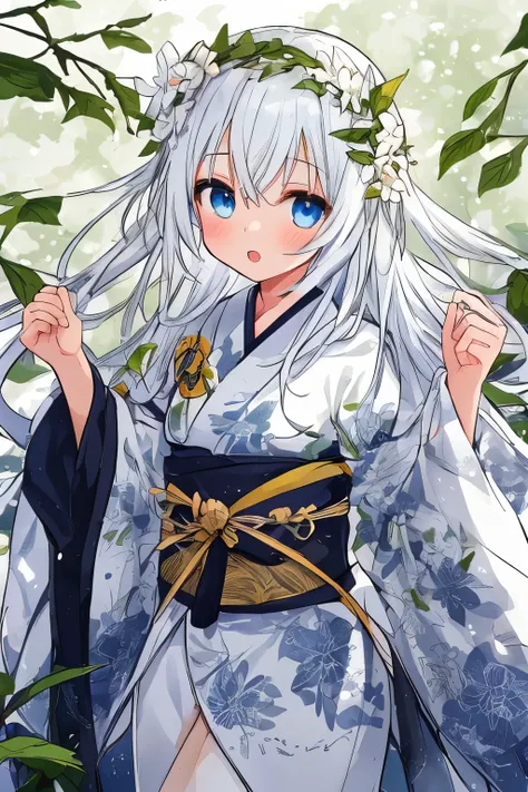  One Girl ,Slightly cool , cool vibe,White Hair, long hair, blue eyes, wearing a white kimono ,Pure white leaves dance ,snow-white leavesっぱが舞う,White leaves,snow-white leaves, eye highlights are white leaves,There is a highlight in the eyes, eye highlights ...