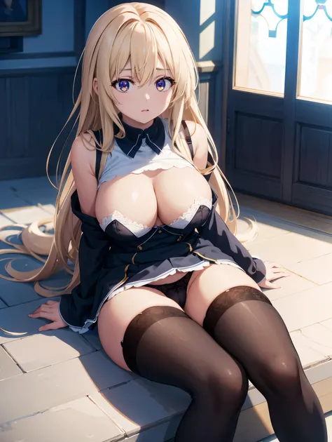 (( top quality )), ( high res), (( very detailed))、(masterpiece)、A beautiful woman who looks like an adult、Im wearing a cute bra and panties、(Im wearing black over-the-knee stockings)、(Im lying down at church, opening my crotch, and spreading my legs)、((Cu...