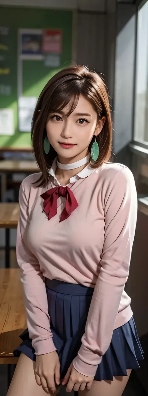 extremely high quality photo, Momo Ayase, sharp focus, realistic, source_photo, proper alignment, young Japanese model, cafe setting, room background, glamorous, sexy, seductive, portrait, detailed face, smiling, happy, ayase_wz, medium hair, brown hair, b...