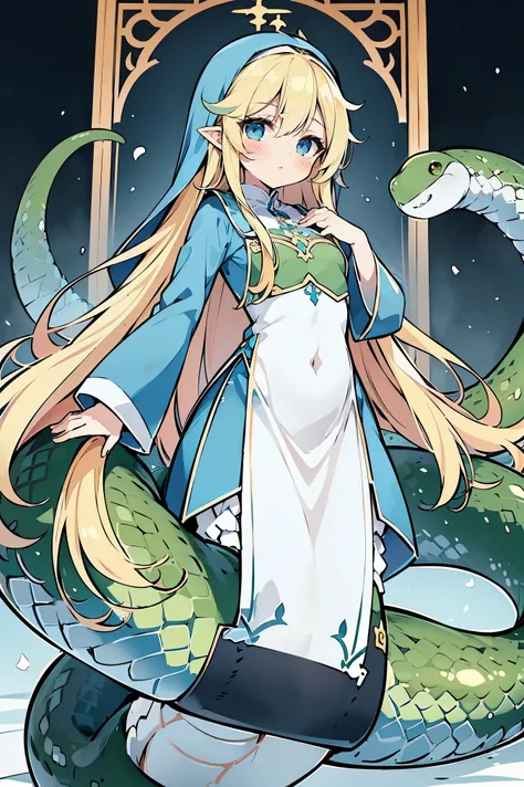 masterpiece, best quality,a girl,Lamia,greensnake tail,Long blonde hair,blue eyes,nun,full-body shot,charming face, Oval face(kawaii, charming,soft), nun cap, nun gown, blue dress, detached cuffs