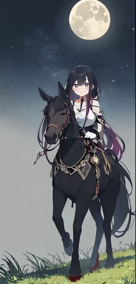 A woman riding a horse、Plains、night、moon、 and turn around