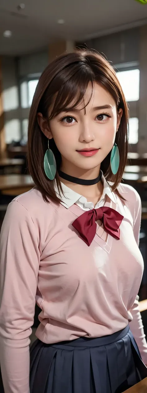 extremely high quality photo, Momo Ayase, sharp focus, realistic, source_photo, proper alignment, young Japanese model, cafe setting, room background, glamorous, sexy, seductive, portrait, detailed face, smiling, happy, ayase_wz, medium hair, brown hair, b...