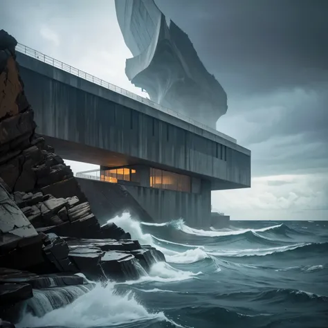 close up zoom in On a levitating house The brutalist aesthetic merges cutting-edge propulsion with the raw beauty of industrial materials. The house features 25 black, wet-glossy windows, reflecting the night’s storms and the chaos of the sea below. Its tr...