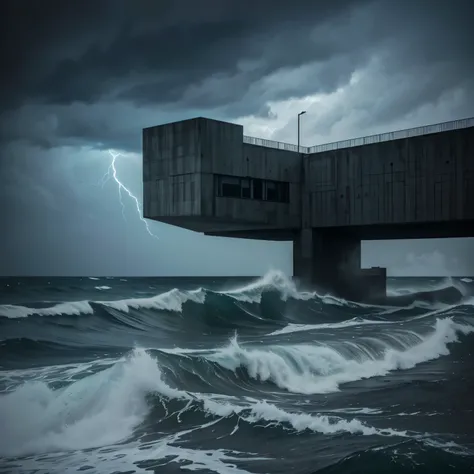 close up zoom in On a levitating house The brutalist aesthetic merges cutting-edge propulsion with the raw beauty of industrial materials. The house features 25 black, wet-glossy windows, reflecting the night’s storms and the chaos of the sea below. Its tr...