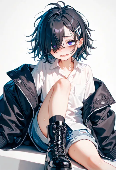 flat chest, skinnybody, Droopy eyes 、((bags under her eyes:1.3))、messy hair, wavy mouth, open her mouth, sweat, shy, black hair ,hair over one eye, blush, aroused, heart shaped pupils, hairclip, platform boots, ((Loose Socks:1.2)), dress shirt, oversized f...