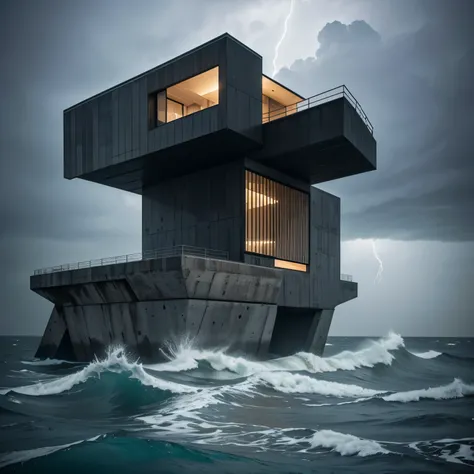 close up zoom in On a levitating house The brutalist aesthetic merges cutting-edge propulsion with the raw beauty of industrial materials. The house features 25 black, wet-glossy windows, reflecting the night’s storms and the chaos of the sea below. Its tr...