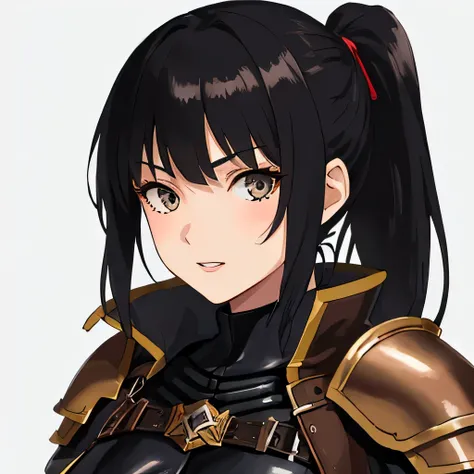 1girl, black hair colour, grey eyed, ponytail, fantasy assassin, brown leather armor, black cape, Breasts, Portrait