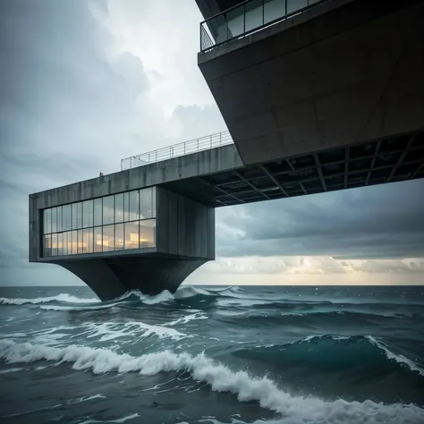 close up zoom in On a levitating house The brutalist aesthetic merges cutting-edge propulsion with the raw beauty of industrial materials. The house features 25 black, wet-glossy windows, reflecting the night’s storms and the chaos of the sea below. Its tr...