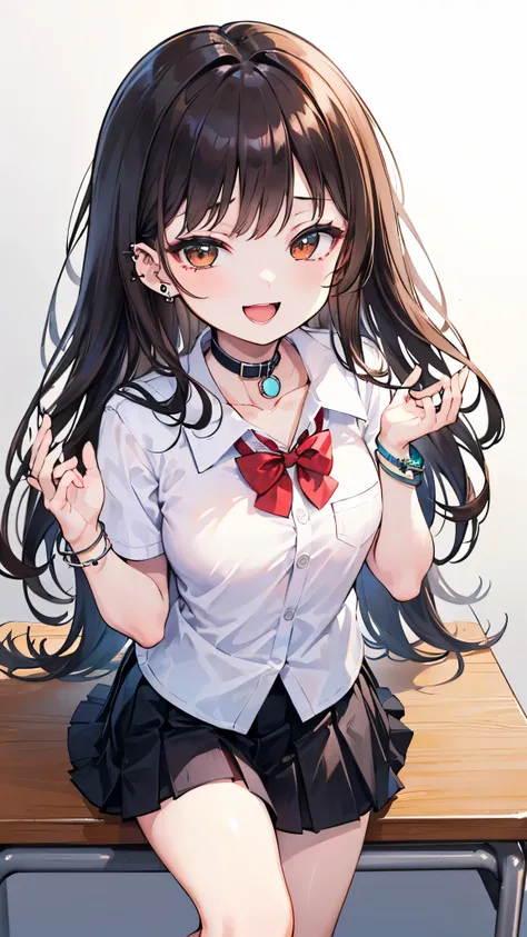 ((masterpiece、 top quality 、 very detailed))、 one girl、 brown hair、 long hair、 wave hair、((vertical pattern ))、 brown eyes、evil smile、((open mouth))、((lots of piercing))、(( white collared shirt))、((clavicle))、 bow tie、 Bracelet 、(( Black Pleated Skirt))、((...