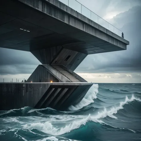 close up zoom in On a levitating house The brutalist aesthetic merges cutting-edge propulsion with the raw beauty of industrial materials. The house features 25 black, wet-glossy windows, reflecting the night’s storms and the chaos of the sea below. Its tr...