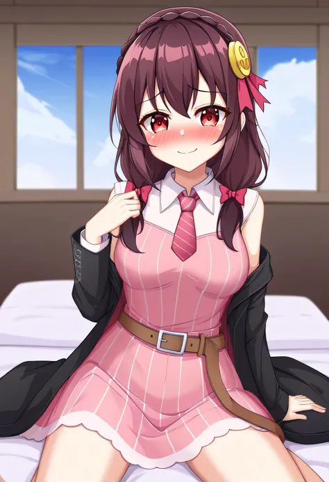 yunyun,Yunyun、1 person、solo、 high image quality、blue sky、 red and white striped tie、 red eyes、 pink dress、belt、 black coat 、 embarrassed smile 、 sitting on the bed 