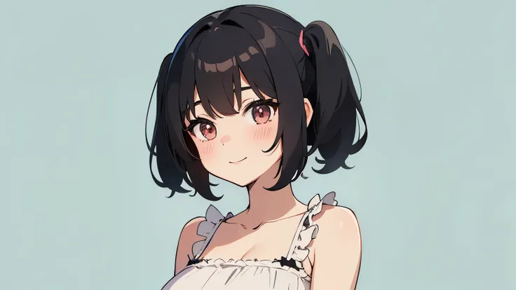 A cute 1 girl with black hair wearing a frill camisole. Plain background. Bust-up illustration. Expression: blush smile