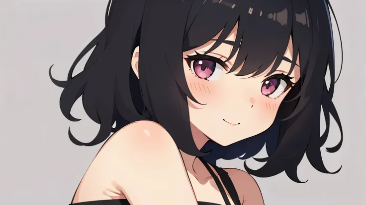 A cute 1 girl with black hair wearing a frill camisole. Plain background. Bust-up illustration. Expression: blush smile