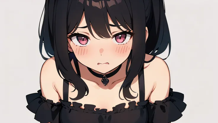 A cute girl with black hair wearing a frill camisole. Plain background. focus Bust-up illustration. Expression: very blush embarrassed and open wavy mouth