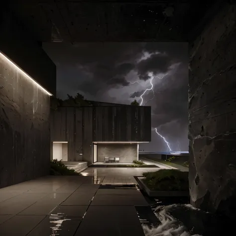 close up a levitating curving twistin house The brutalist aesthetic merges cutting-edge propulsion with the raw beauty of industrial materials. The house features 25 black, wet-glossy windows, reflecting the night’s storms and the chaos of the sea below. I...