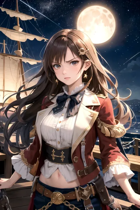 best quality, masterpiece, ultra-detailed, professional lighting, detailed background, 1girl, look at viewer, brown hair, brown eyes, hair ornaments, pirate clothes, angry, long hair, wind, glare, stars, moon, ship deck, sea, night, dark