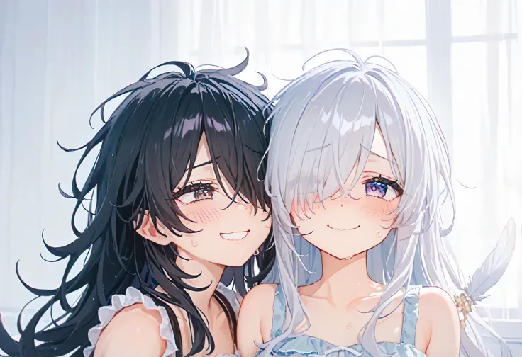 2girls, [[2girl, ((Girl with protruding ribs:1.4)、(flat chest:1.3),(skinny body:1.3)、Blushing、To blush、Thick eyes、((痩せている:1.3))、white hair, long hair, hair over one eye、messy hair, black miniskirt, (Harness:1.3) , (Angles:1.4), Feathers , pastel colors clo...