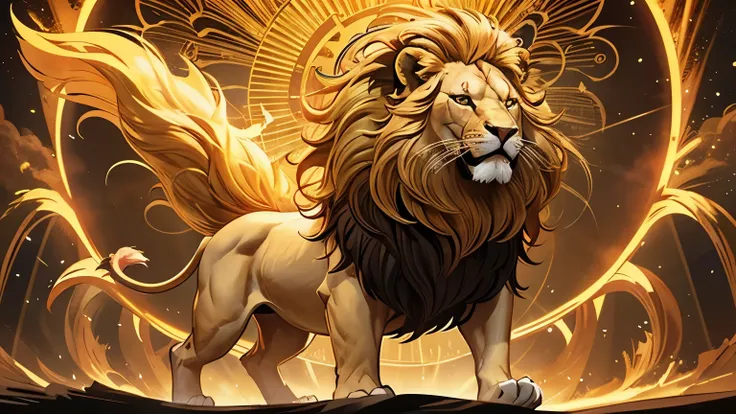 " A majestic lion roaring under the golden sun , with a flaming mane . A radiant figure wears a crown and carries the Lion symbol on a shining medallion. In the background, golden rays of light fill the scene . Grand and powerful style ."