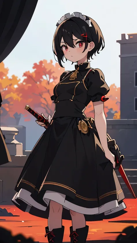 1girl, (2B), black hair, black with red tips hair, red eyes, blue sky, natural outdoors, black and gold and red boots, black and gold gloves, (((((earclip))))), using a earclip, (elegant earclip), black with gold and red details skirt, black with gold and ...