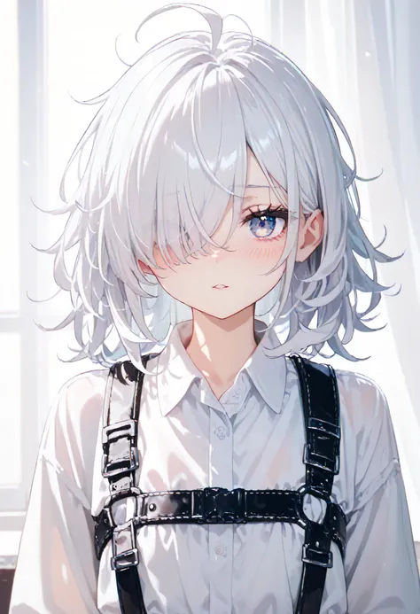 ((Girl with protruding ribs:1.4)、(flat chest:1.3),(skinny body:1.3), Blushing、To blush、Thick eyes, white hair, long hair, hair over one eye, messy hair, (Harness:1.3), ahoge, medium hair, black miniskirt, white dress shirt, harness 