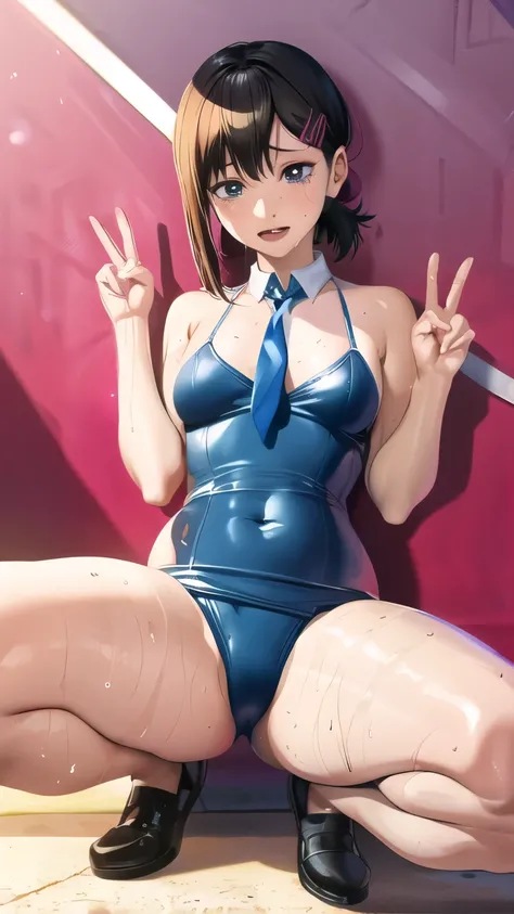 anime character sitting on the ground with a peace sign, hyperrealistic schoolgirl, a hyperrealistic schoolgirl, seductive anime girl, photorealistic anime girl render, realistic schoolgirl, smooth anime cg art, wet swimsuit, cute girl wearing tank suit, b...