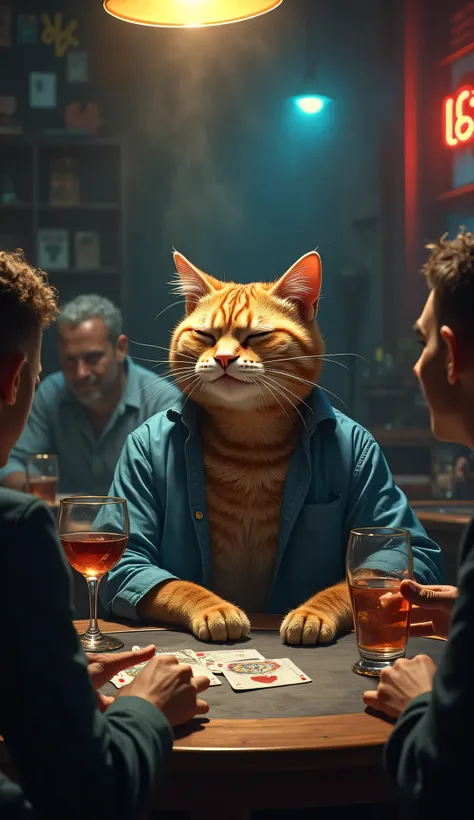 
At a gambling table in a dingy club, the anthropomorphic poor father cat in his usual blue shirt drinks from a large glass of wine. Around him, players laugh and gamble while the father cat grins, reveling in his temporary escape. Make realistic image. 