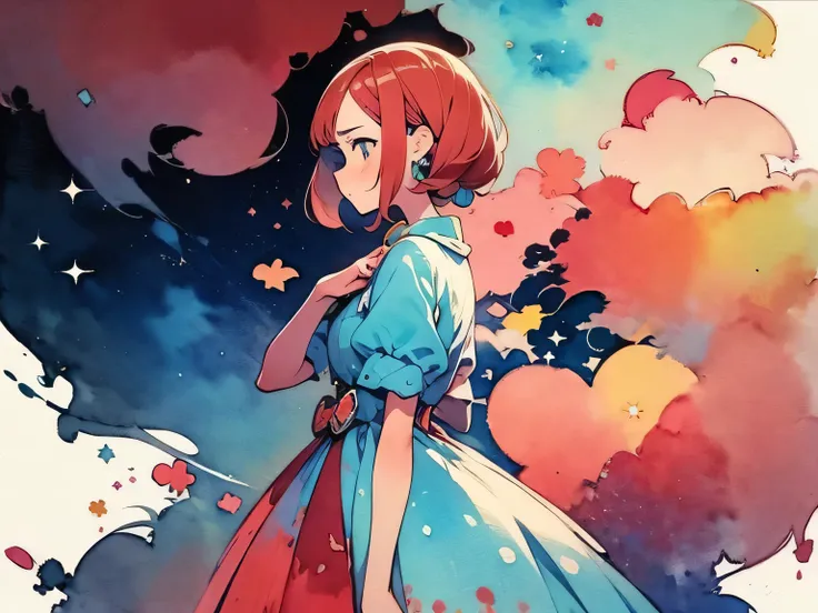 (sideview:1.3),Alone, Girl with red apple, blank expression, looking this way, Gucci dress, like a painting, ((watercolor painting style)), The Art of Mathematics, Official Art, Masterpiece, beautiful, ((watercolor)), paint splashes , complex details. very...