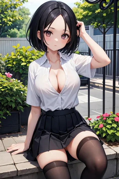 1girl，Black Hair，short hair，forehead，forehead，cleavage，miniskirt，knee-socks，School uniform，wind lift, Black panties，medium hip，garden，Slightly turning her head to look over her shoulder