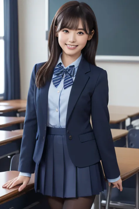 highest image quality taken by Ki、HDR、(( navy blue jacket ))、((Long tight skirt that hides the knee in plain navy blue ))、White blouse、((navy blue plain large bow tie))、((( black pantyhose)))、(( black loafers))、((Standing figure up to the knee ))、 cute hi...