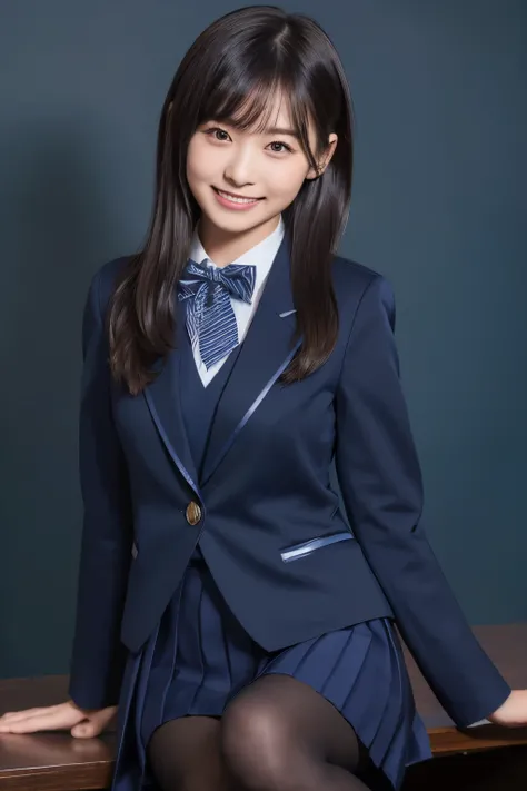  highest image quality taken by Ki、HDR、(( navy blue jacket ))、((Long tight skirt that hides the knee in plain navy blue ))、White blouse、((navy blue plain large bow tie))、((( black pantyhose)))、(( black loafers))、((Standing figure up to the knee ))、 cute hi...