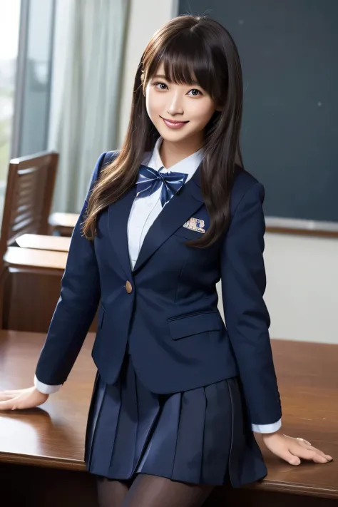 highest image quality taken by Ki、HDR、(( navy blue jacket ))、((Long tight skirt that hides the knee in plain navy blue ))、White blouse、((navy blue plain large bow tie))、((( black pantyhose)))、(( black loafers))、((Standing figure up to the knee ))、 cute hi...