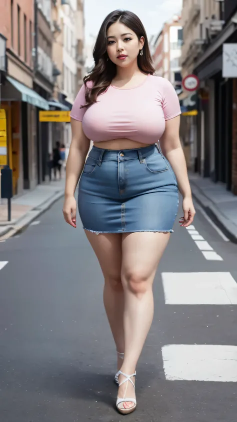 araffe woman in a pink shirt and blue denim skirt walking down a street, thicc, she has a jiggly fat round belly, bbwchan, wearing tight simple clothes, skinny waist and thick hips, widest hips, her belly is fat and round, soft curvy shape, hyperrealistic ...