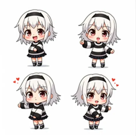 Four images in a picture, four differents expressions.  full body.  white background. anime. chibi girl.  short hair at shoulder height, white color, wearing a black band ;  black eyes with a reddish hue ;  wears a thick black and white horizontal striped ...