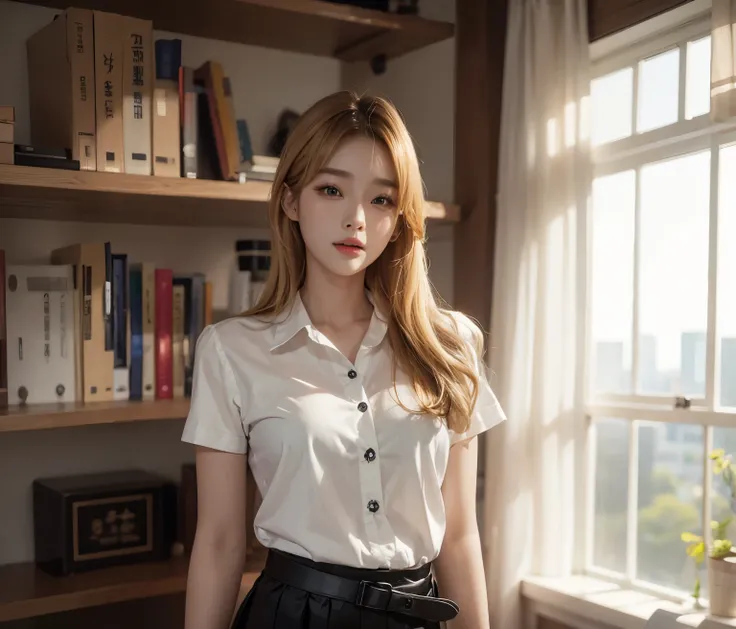 Blonde hair, arafed woman in a white shirt and black skirt standing in front of a window, gorgeous young korean woman, beautiful south korean woman, korean girl, korean womens fashion model, beautiful young korean woman, korean woman, female actress from k...