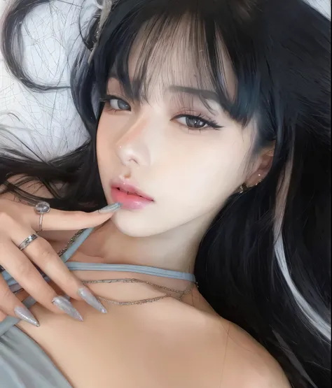 a close up of a woman with long black hair and a ring on her finger, Lalisa Manobal, ulzzang, Sakimichan, black hair and large eyes, Retrato Jisoo Blackpink, maquiagem sul-Korean popular, Korean, xision wu, dilraba dilmurat, She has black hair with bangs...