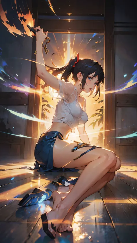 anime - style illustration of a woman in a  see-through thin white T-shirt, side slit skirt, video game character, official character art, trending on cgstation, e-girl, e - girl, cushart krenz key art feminine, full body, female action anime girl, sitting...